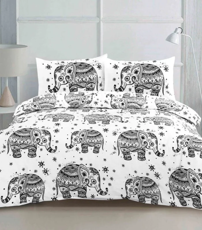 Elephant Print Reversible Duvet Cover Set, White/Black